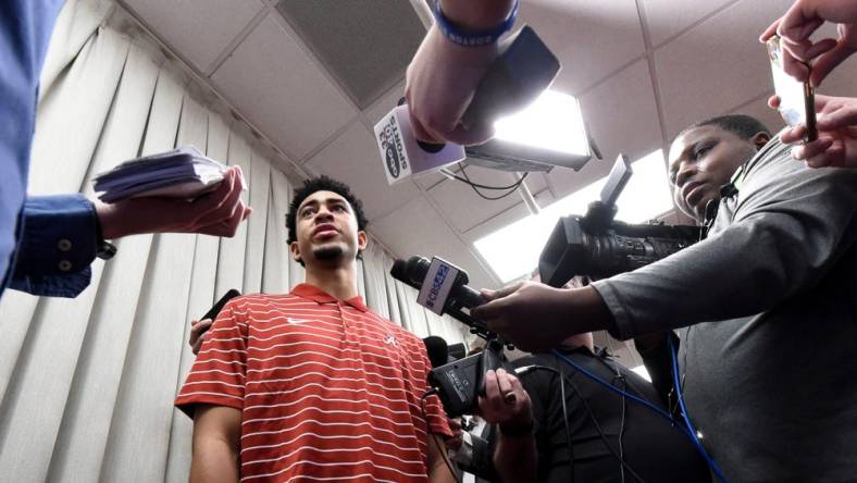 Jan 02, 2023; Tuscaloosa, AL, USA;  Bryce Young speaks to reporters after announcing his intention to enter the NFL draft following a press conference for University of Alabama juniors to announce their intentions.

Ncaa Football Ua Juniors Announce For Nfl