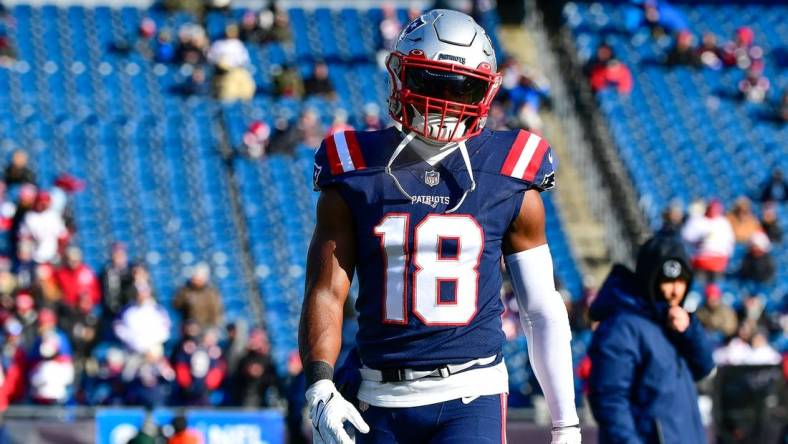 Dec 24, 2022; Foxborough, Massachusetts, USA; New England Patriots wide receiver Matthew Slater (18) warms up before the start of a game against the Cincinnati Bengals at Gillette Stadium. Mandatory Credit: Eric Canha-USA TODAY Sports