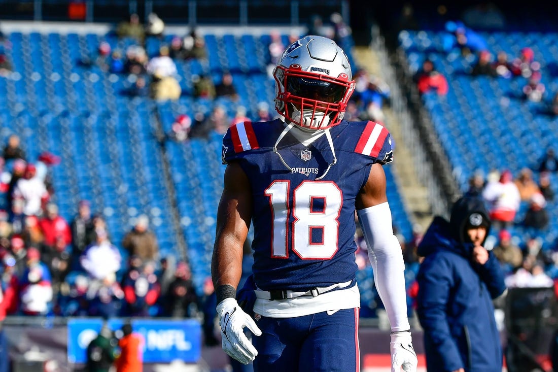 Dec 24, 2022; Foxborough, Massachusetts, USA; New England Patriots wide receiver Matthew Slater (18) warms up before the start of a game against the Cincinnati Bengals at Gillette Stadium. Mandatory Credit: Eric Canha-USA TODAY Sports