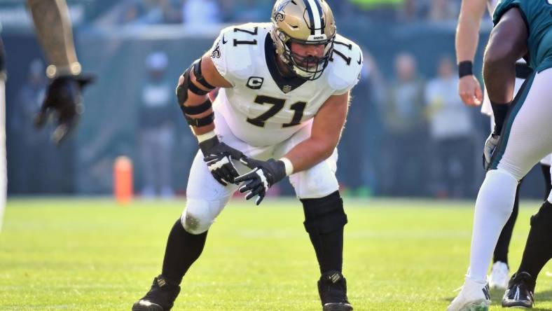 Jan 1, 2023; Philadelphia, Pennsylvania, USA; New Orleans Saints offensive tackle Ryan Ramczyk (71) against the Philadelphia Eagles at Lincoln Financial Field. Mandatory Credit: Eric Hartline-USA TODAY Sports