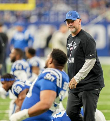 Indianapolis Colts Defensive Coordinator Gus Bradley talks to players Sunday, Jan. 8, 2023, before a game against the Houston Texans at Lucas Oil Stadium in Indianapolis.