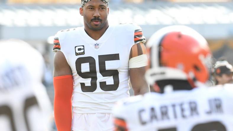 Jan 8, 2023; Pittsburgh, Pennsylvania, USA;  Cleveland Browns defensiven end Myles Garrett (95) before playing the Pittsburgh Steelers at Acrisure Stadium. Mandatory Credit: Philip G. Pavely-USA TODAY Sports