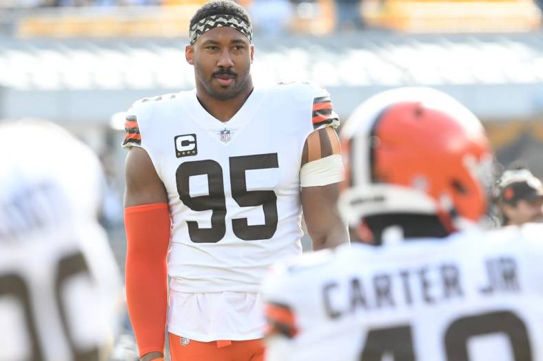 Jan 8, 2023; Pittsburgh, Pennsylvania, USA;  Cleveland Browns defensiven end Myles Garrett (95) before playing the Pittsburgh Steelers at Acrisure Stadium. Mandatory Credit: Philip G. Pavely-USA TODAY Sports