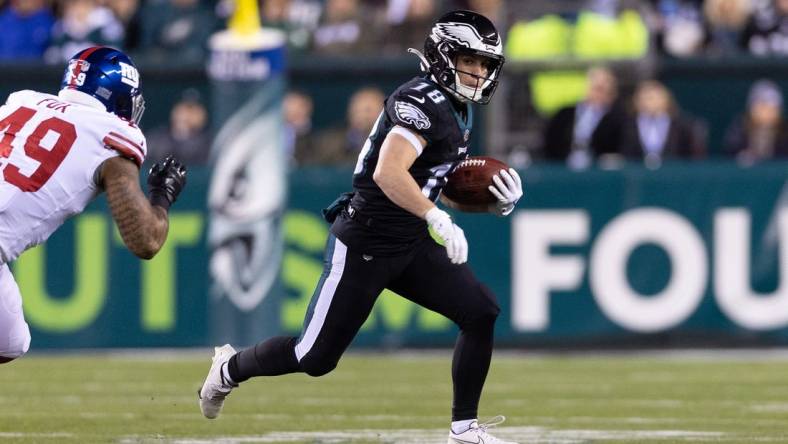 Jan 8, 2023; Philadelphia, Pennsylvania, USA; Philadelphia Eagles wide receiver Britain Covey (18) in action against the New York Giants during the second quarter at Lincoln Financial Field. Mandatory Credit: Bill Streicher-USA TODAY Sports