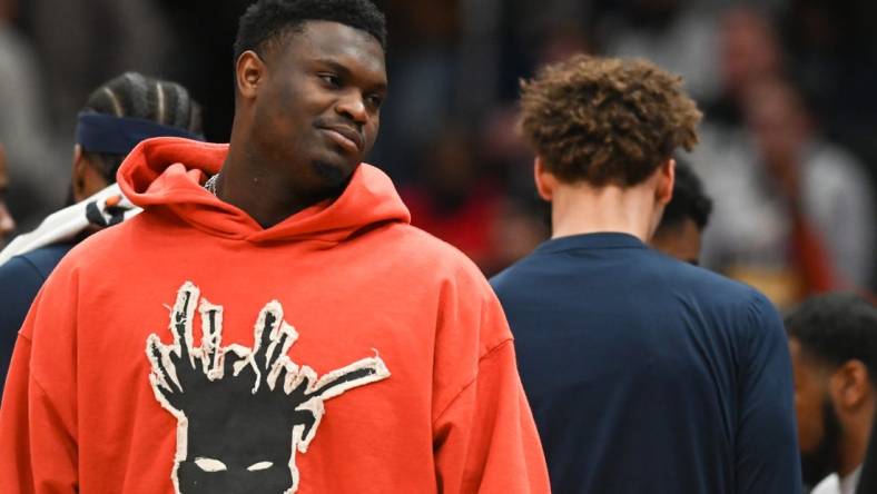 Jan 9, 2023; Washington, District of Columbia, USA;  New Orleans Pelicans forward Zion Williamson (1) stands with teammates during the first half against the Washington Wizards at Capital One Arena. Mandatory Credit: Tommy Gilligan-USA TODAY Sports