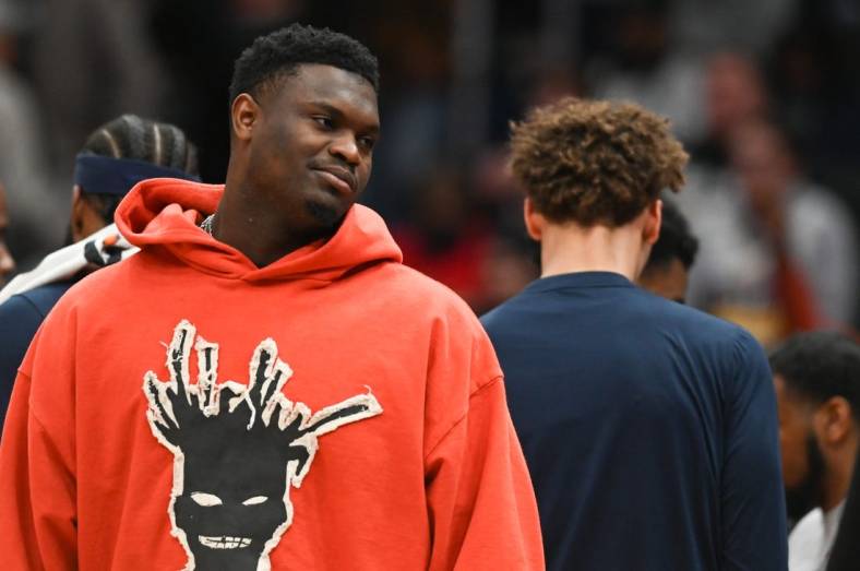 Jan 9, 2023; Washington, District of Columbia, USA;  New Orleans Pelicans forward Zion Williamson (1) stands with teammates during the first half against the Washington Wizards at Capital One Arena. Mandatory Credit: Tommy Gilligan-USA TODAY Sports