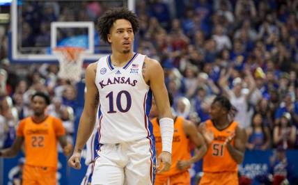 Dec 31, 2022; Lawrence, Kansas, USA; Kansas Jayhawks forward Jalen Wilson (10) on court against the Oklahoma State Cowboys during the game at Allen Fieldhouse. Mandatory Credit: Denny Medley-USA TODAY Sports