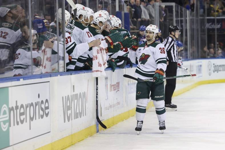 Jan 10, 2023; New York, New York, USA; Minnesota Wild right wing Mats Zuccarello (36) scores a goal against New York Rangers goaltender Igor Shesterkin (31) during a shoot out at Madison Square Garden. Mandatory Credit: Jessica Alcheh-USA TODAY Sports