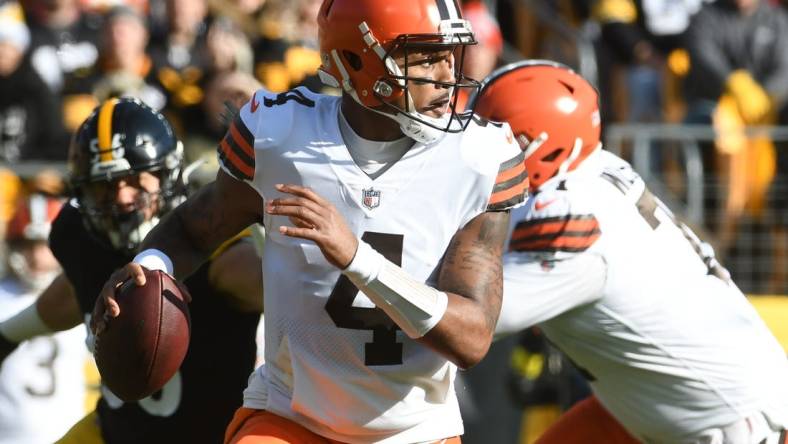 Jan 8, 2023; Pittsburgh, Pennsylvania, USA;  Cleveland Browns quarterback Deshaun Watson (4) in the first quarter at Acrisure Stadium. Mandatory Credit: Philip G. Pavely-USA TODAY Sports