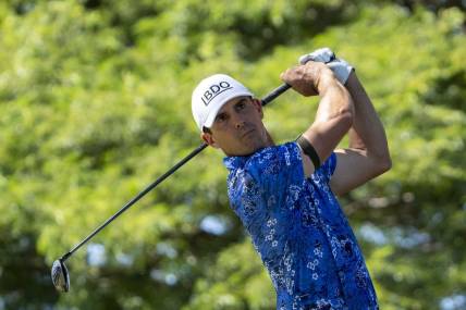 January 13, 2023; Honolulu, Hawaii, USA; Billy Horschel hits his tee shot on the second hole during the second round of the Sony Open in Hawaii golf tournament at Waialae Country Club. Mandatory Credit: Kyle Terada-USA TODAY Sports