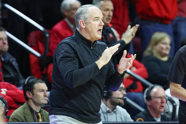 Jan 15, 2023; Piscataway, New Jersey, USA; Rutgers Scarlet Knights head coach Steve Pikiell reacts during the first half against the Ohio State Buckeyes at Jersey Mike's Arena. Mandatory Credit: Vincent Carchietta-USA TODAY Sports