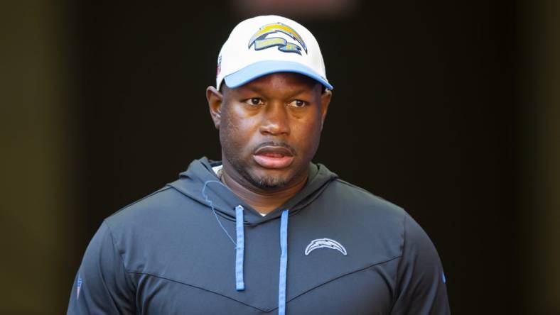 Nov 27, 2022; Glendale, AZ, USA; Los Angeles Chargers defensive coordinator Renaldo Hill against the Arizona Cardinals at State Farm Stadium. Mandatory Credit: Mark J. Rebilas-USA TODAY Sports