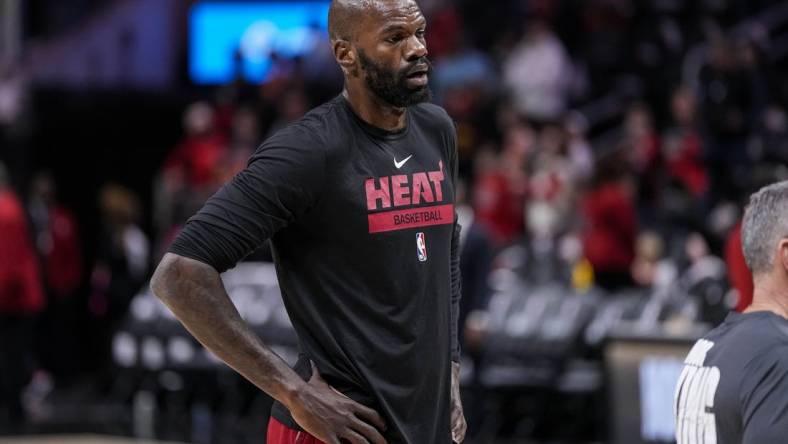 Jan 16, 2023; Atlanta, Georgia, USA; Miami Heat center Dewayne Dedmon (21) on the court before the game against the Atlanta Hawks at State Farm Arena. Mandatory Credit: Dale Zanine-USA TODAY Sports