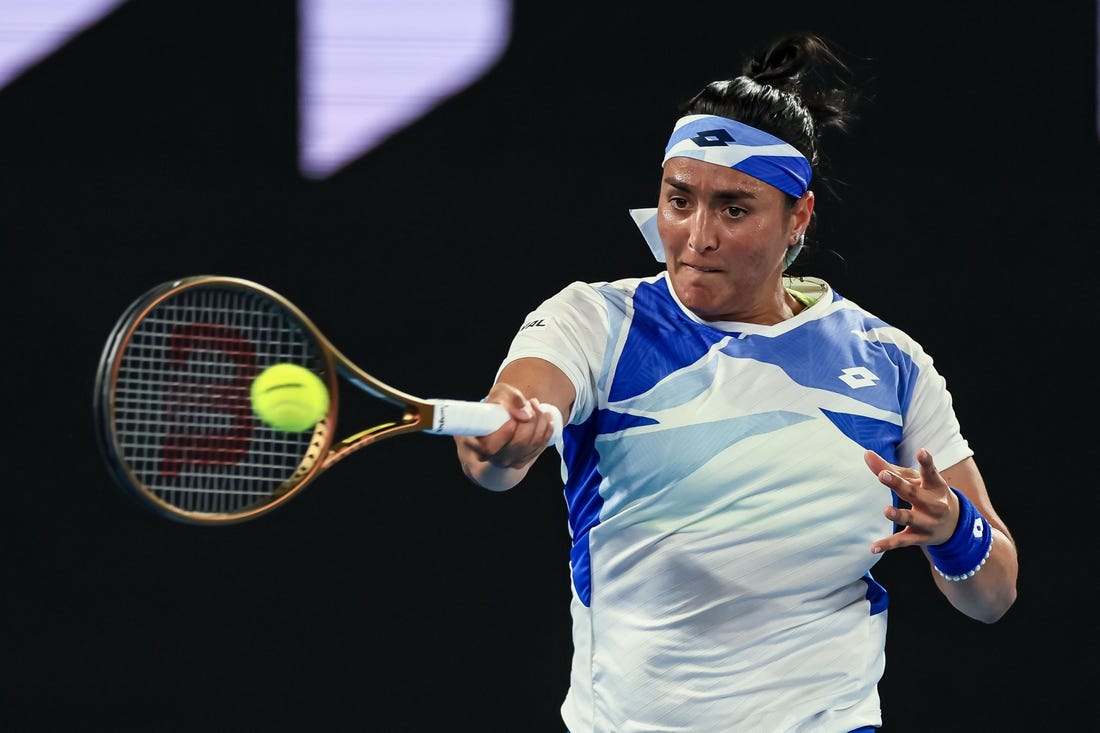 Jan 17, 2023; Melbourne, VICTORIA, Australia; Ons Jabeur on day two during the 2023 Australian Open tennis tournament at Melbourne Park. Mandatory Credit: Mike Frey-USA TODAY Sports