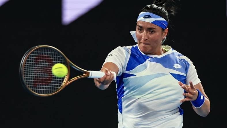 Jan 17, 2023; Melbourne, VICTORIA, Australia; Ons Jabeur on day two during the 2023 Australian Open tennis tournament at Melbourne Park. Mandatory Credit: Mike Frey-USA TODAY Sports