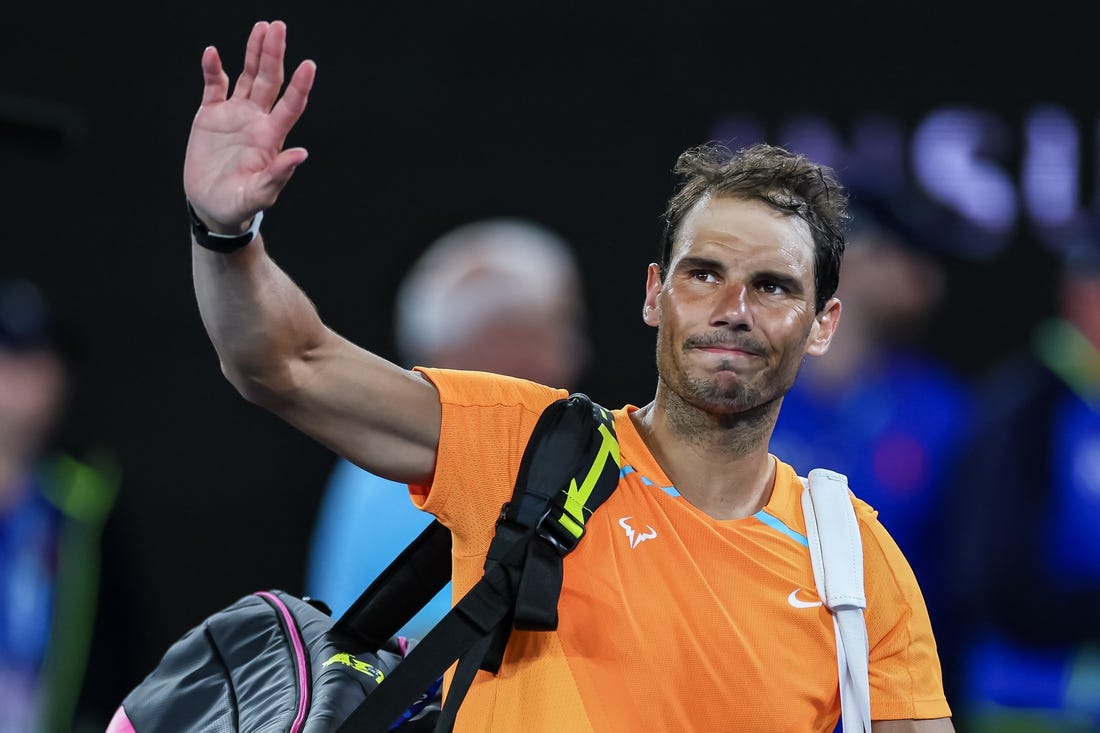 Jan 18, 2023; Melbourne, VICTORIA, Australia; Rafael Nadal after his second round match against Mackenzie Mcdonald on day three of the 2023 Australian Open tennis tournament at Melbourne Park. Mandatory Credit: Mike Frey-USA TODAY Sports