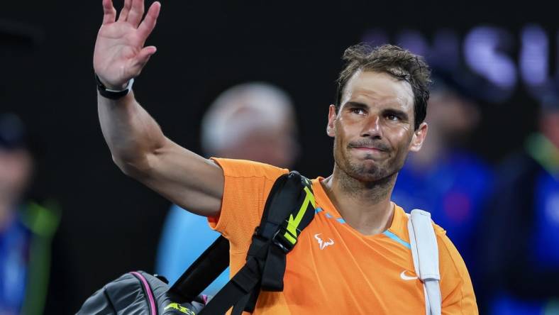 Jan 18, 2023; Melbourne, VICTORIA, Australia; Rafael Nadal after his second round match against Mackenzie Mcdonald on day three of the 2023 Australian Open tennis tournament at Melbourne Park. Mandatory Credit: Mike Frey-USA TODAY Sports