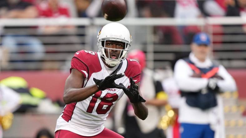 Jan 8, 2023; Santa Clara, California, USA; Arizona Cardinals wide receiver A.J. Green (18) catches a pass against the San Francisco 49ers during the fourth quarter at Levi's Stadium. Mandatory Credit: Darren Yamashita-USA TODAY Sports