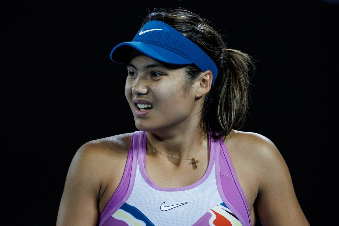 Jan 18, 2023; Melbourne, Victoria, Australia; Emma Raducanu of Great Britain looks frustrated after missing a shot against Coco Gauff of the United States in the second round of the women s singles on day three of the 2023 Australian Open tennis tournament at Melbourne Park. Mandatory Credit: Mike Frey-USA TODAY Sports