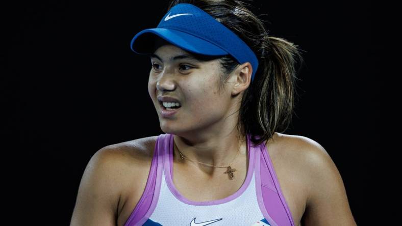 Jan 18, 2023; Melbourne, Victoria, Australia; Emma Raducanu of Great Britain looks frustrated after missing a shot against Coco Gauff of the United States in the second round of the women s singles on day three of the 2023 Australian Open tennis tournament at Melbourne Park. Mandatory Credit: Mike Frey-USA TODAY Sports