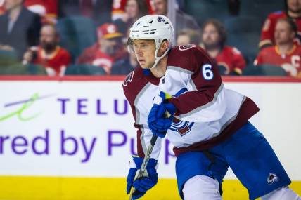 Jan 18, 2023; Calgary, Alberta, CAN; Colorado Avalanche defenseman Erik Johnson (6) skates against the Calgary Flames during the first period at Scotiabank Saddledome. Mandatory Credit: Sergei Belski-USA TODAY Sports