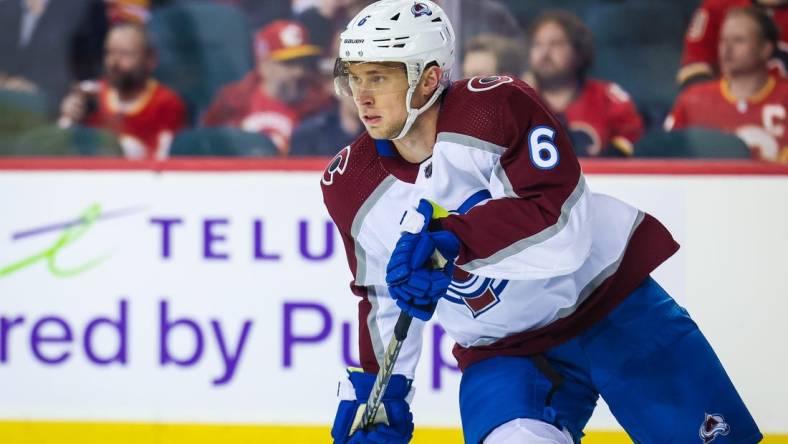 Jan 18, 2023; Calgary, Alberta, CAN; Colorado Avalanche defenseman Erik Johnson (6) skates against the Calgary Flames during the first period at Scotiabank Saddledome. Mandatory Credit: Sergei Belski-USA TODAY Sports