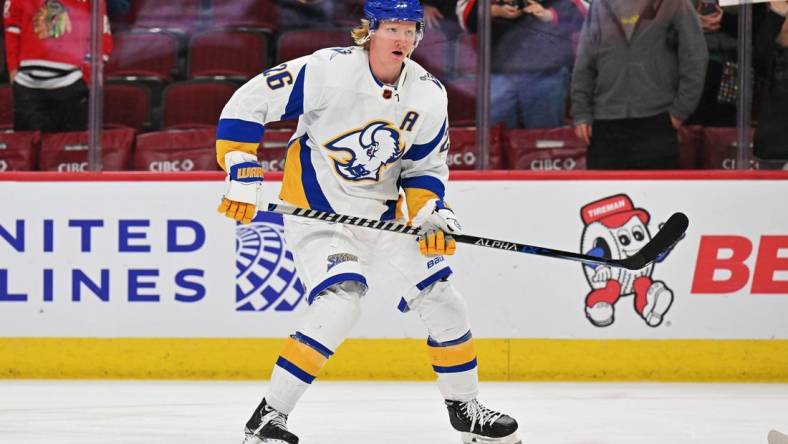 Jan 17, 2023; Chicago, Illinois, USA;  Buffalo Sabres defenseman Rasmus Dahlin (26) warms up before a game against the Chicago Blackhawks at United Center. Mandatory Credit: Jamie Sabau-USA TODAY Sports