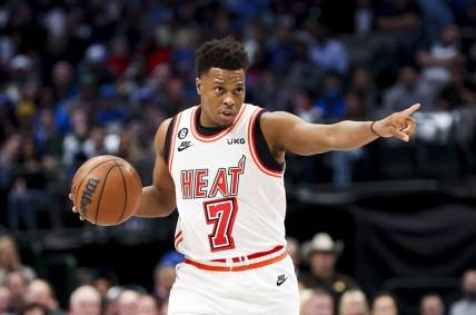 Jan 20, 2023; Dallas, Texas, USA;  Miami Heat guard Kyle Lowry (7) controls the ball during the first half against the Dallas Mavericks at American Airlines Center. Mandatory Credit: Kevin Jairaj-USA TODAY Sports