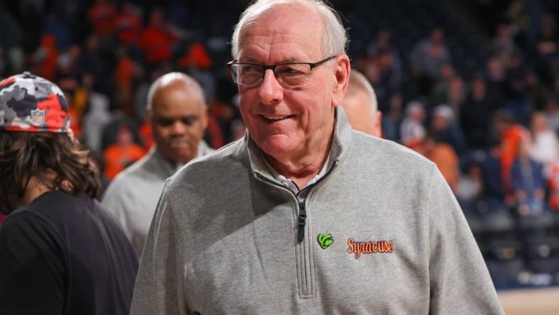 Jan 21, 2023; Atlanta, Georgia, USA; Syracuse Orange head coach Jim Boeheim after a victory against the Georgia Tech Yellow Jackets at McCamish Pavilion. Mandatory Credit: Brett Davis-USA TODAY Sports