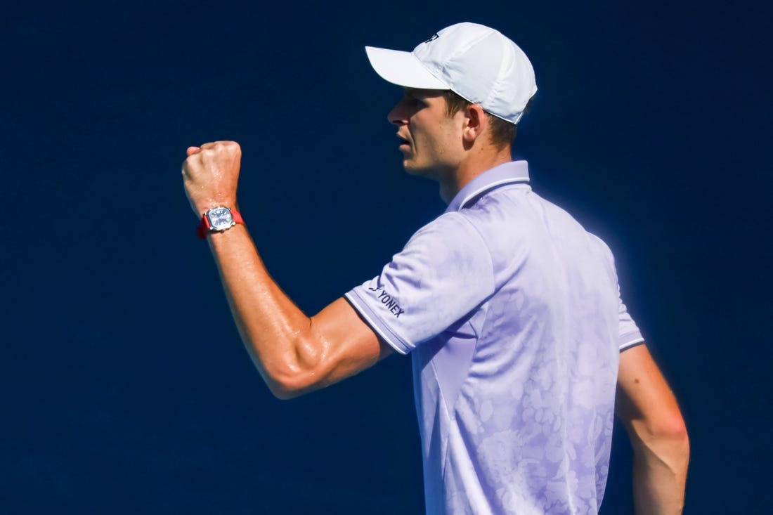 Jan 22, 2023; Melbourne, VICTORIA, Australia; Hubert Hurkacz from Poland during his fourth round match against Sebastian Korda from the United States on day seven of the 2023 Australian Open tennis tournament at Melbourne Park. Mandatory Credit: Mike Frey-USA TODAY Sports