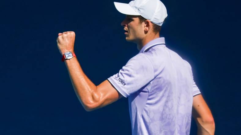 Jan 22, 2023; Melbourne, VICTORIA, Australia; Hubert Hurkacz from Poland during his fourth round match against Sebastian Korda from the United States on day seven of the 2023 Australian Open tennis tournament at Melbourne Park. Mandatory Credit: Mike Frey-USA TODAY Sports