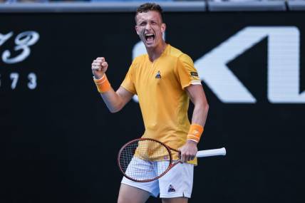 Jan 22, 2023; Melbourne, VICTORIA, Australia; Jiri Lehecka from the Czech Republic during his fourth round match against Felix Auger-Aliassime from Canada on day seven of the 2023 Australian Open tennis tournament at Melbourne Park. Mandatory Credit: Mike Frey-USA TODAY Sports