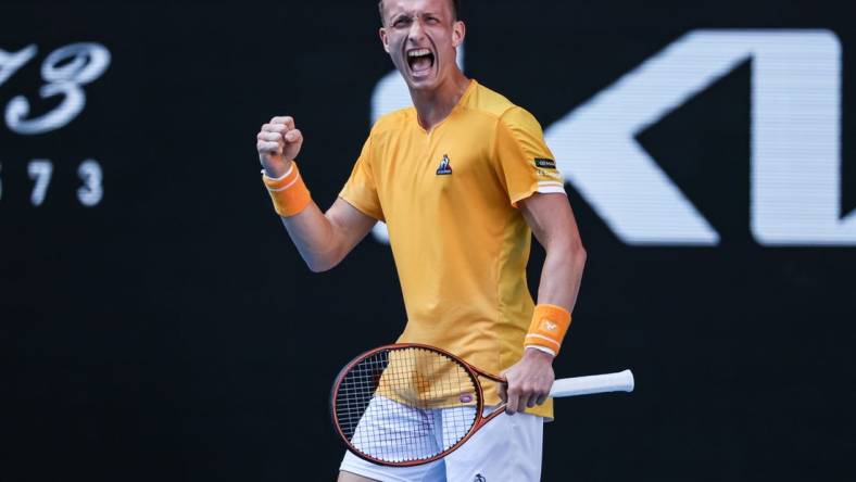 Jan 22, 2023; Melbourne, VICTORIA, Australia; Jiri Lehecka from the Czech Republic during his fourth round match against Felix Auger-Aliassime from Canada on day seven of the 2023 Australian Open tennis tournament at Melbourne Park. Mandatory Credit: Mike Frey-USA TODAY Sports