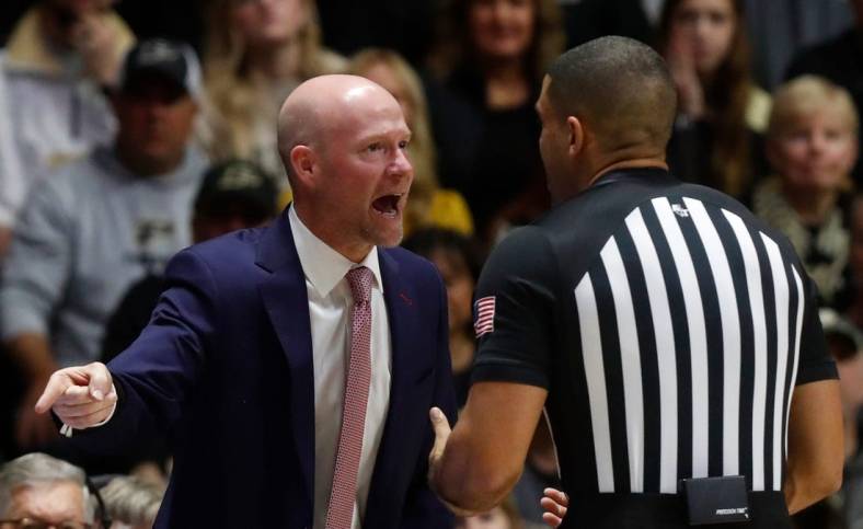 Maryland Terrapins head coach Kevin Willard argues with an official during the NCAA men   s basketball game against the Purdue Boilermakers, Sunday, Jan. 22, 2023, at Mackey Arena in West Lafayette, Ind. Purdue won 58-55.

Purmary012223 Am09295