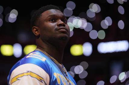 Jan 22, 2023; Miami, Florida, USA; New Orleans Pelicans forward Zion Williamson stands on the court during the second half against the Miami Heat at Miami-Dade Arena. Mandatory Credit: Jasen Vinlove-USA TODAY Sports