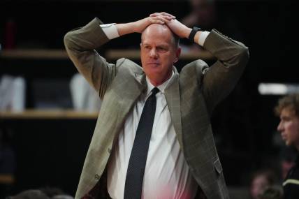 Jan 22, 2023; Boulder, Colorado, USA; Colorado Buffaloes head coach Tad Boyle reacts in the second half against the Washington State Cougars at the CU Events Center. Mandatory Credit: Ron Chenoy-USA TODAY Sports