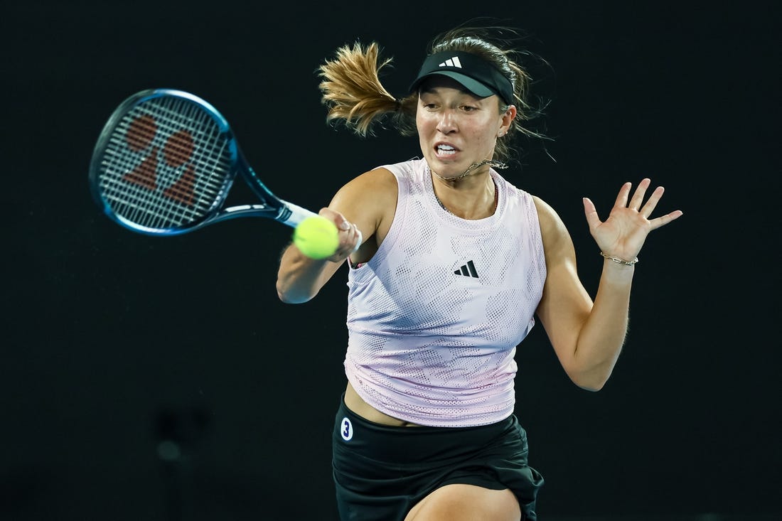 Jan 24, 2023; Melbourne, Victoria, Australia; Jessica Pegula from the United States during her quarter final match against Victoria Azarenka from Belarus on day nine of the 2023 Australian Open tennis tournament at Melbourne Park. Mandatory Credit: Mike Frey-USA TODAY Sports