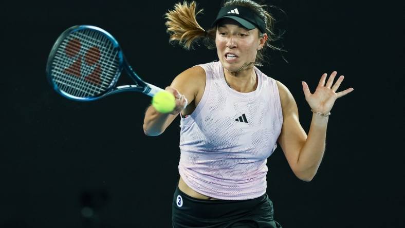 Jan 24, 2023; Melbourne, Victoria, Australia; Jessica Pegula from the United States during her quarter final match against Victoria Azarenka from Belarus on day nine of the 2023 Australian Open tennis tournament at Melbourne Park. Mandatory Credit: Mike Frey-USA TODAY Sports