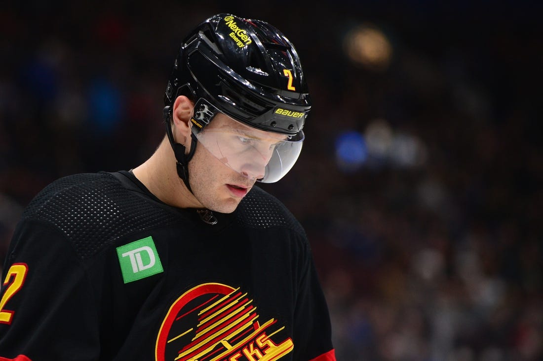 Jan 24, 2023; Vancouver, British Columbia, CAN;  Vancouver Canucks defenseman Luke Schenn (2) awaits the start of play against the Chicago Blackhawks during the first period at Rogers Arena. Mandatory Credit: Anne-Marie Sorvin-USA TODAY Sports