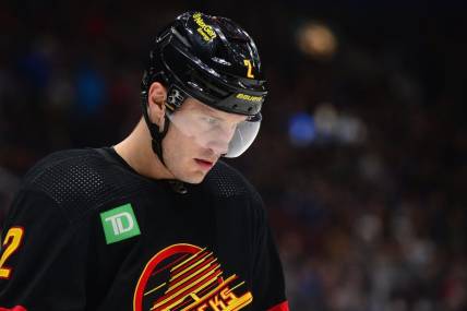 Jan 24, 2023; Vancouver, British Columbia, CAN;  Vancouver Canucks defenseman Luke Schenn (2) awaits the start of play against the Chicago Blackhawks during the first period at Rogers Arena. Mandatory Credit: Anne-Marie Sorvin-USA TODAY Sports