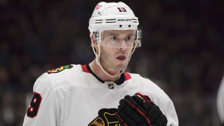 Jan 24, 2023; Vancouver, British Columbia, CAN;  Chicago Blackhawks forward Jonathan Toews (19) stands before a faceoff against the Vancouver Canucks during the first period at Rogers Arena. Mandatory Credit: Anne-Marie Sorvin-USA TODAY Sports