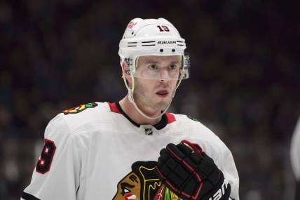 Jan 24, 2023; Vancouver, British Columbia, CAN;  Chicago Blackhawks forward Jonathan Toews (19) stands before a faceoff against the Vancouver Canucks during the first period at Rogers Arena. Mandatory Credit: Anne-Marie Sorvin-USA TODAY Sports
