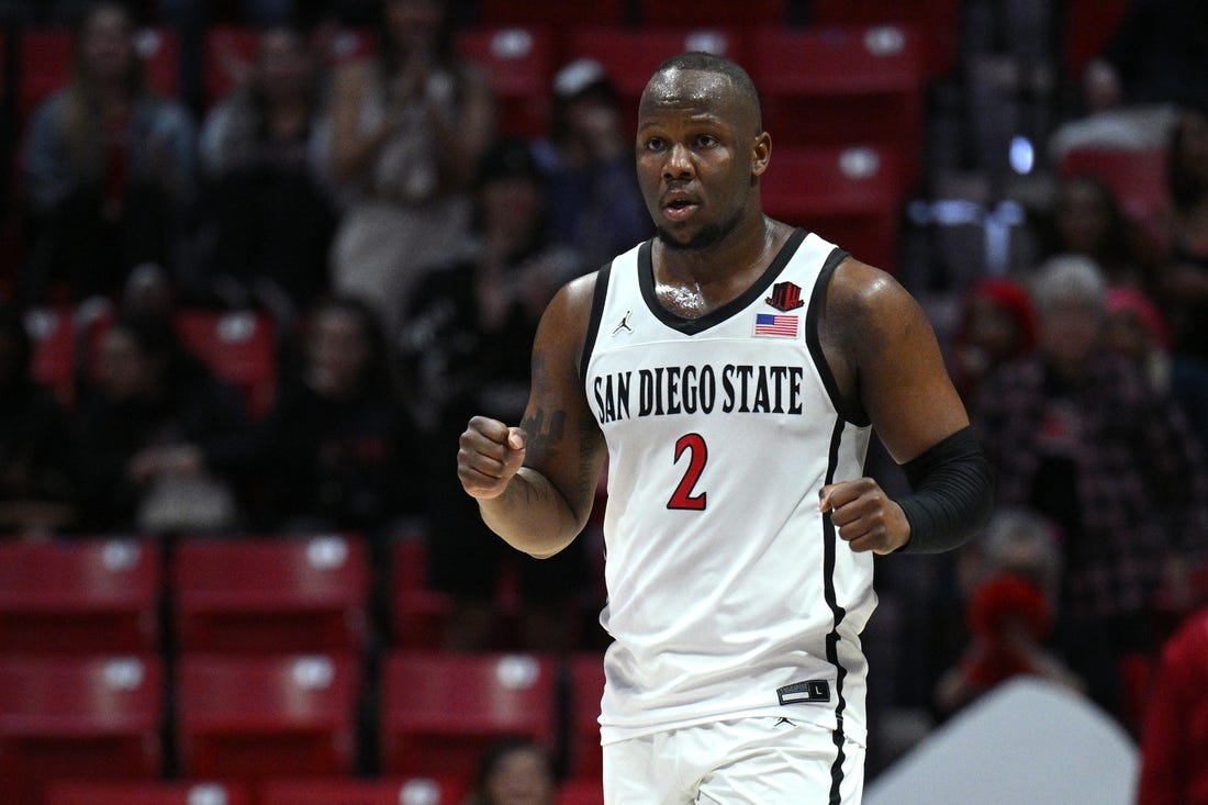 Jan 25, 2023; San Diego, California, USA; San Diego State Aztecs guard Adam Seiko (2) celebrates on the court after defeating the Utah State Aggies at Viejas Arena. Mandatory Credit: Orlando Ramirez-USA TODAY Sports