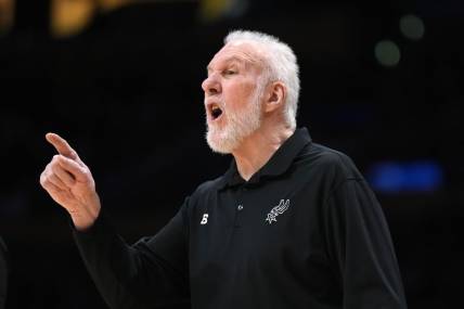 Jan 25, 2023; Los Angeles, California, USA; San Antonio Spurs coach Gregg Popovich reacts against the Los Angeles Lakers in the first half at Crypto.com Arena. Mandatory Credit: Kirby Lee-USA TODAY Sports