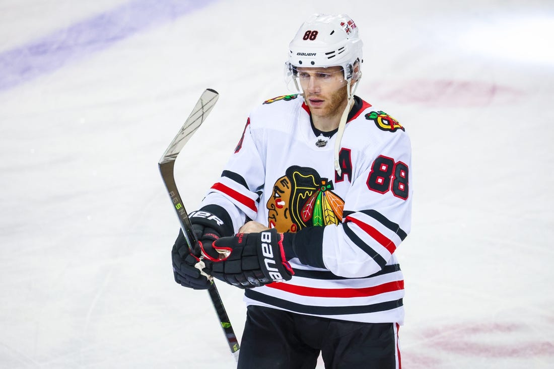 Jan 26, 2023; Calgary, Alberta, CAN; Chicago Blackhawks right wing Patrick Kane (88) skates during the warmup period against the Calgary Flames at Scotiabank Saddledome. Mandatory Credit: Sergei Belski-USA TODAY Sports