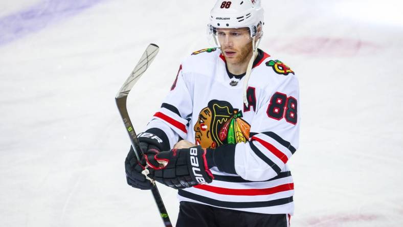 Jan 26, 2023; Calgary, Alberta, CAN; Chicago Blackhawks right wing Patrick Kane (88) skates during the warmup period against the Calgary Flames at Scotiabank Saddledome. Mandatory Credit: Sergei Belski-USA TODAY Sports