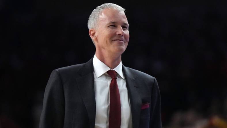 Jan 26, 2023; Los Angeles, California, USA; Southern California Trojans head coach Amdy Enfield reacts in the second half against the UCLA Bruins at Galen Center. Mandatory Credit: Kirby Lee-USA TODAY Sports