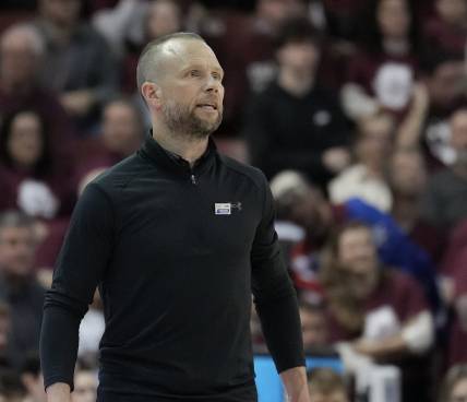 Jan 28, 2023; Charleston, South Carolina, USA; Charleston Cougars head coach Pat Kelsey watches the action in the second half against the Hofstra Pride at TD Arena. Mandatory Credit: David Yeazell-USA TODAY Sports