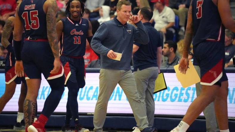 Jan 28, 2023; Boca Raton, Florida, USA; Florida Atlantic head coach Dusty May calls a timeout in the second half of a game against Western Kentucky at Eleanor R. Baldwin Arena. Mandatory Credit: Jim Rassol-USA TODAY Sports