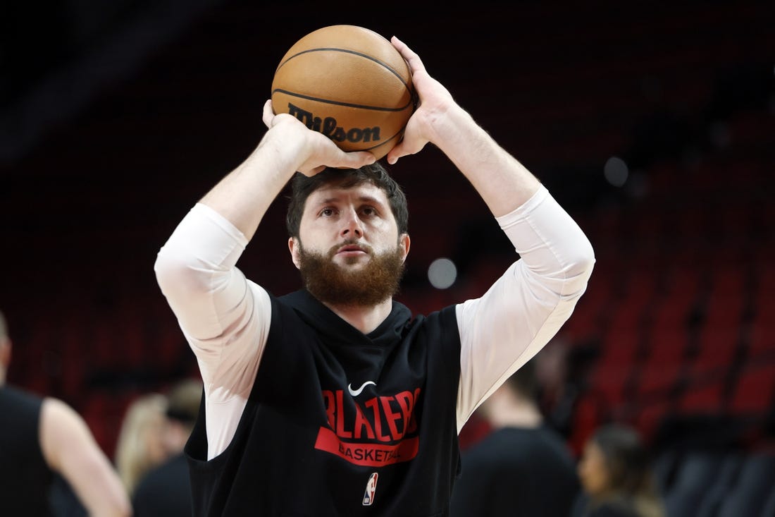 Jan 28, 2023; Portland, Oregon, USA; Portland Trail Blazers center Jusuf Nurkic (27) warms up prior to a game against the Toronto Raptors at Moda Center. Mandatory Credit: Soobum Im-USA TODAY Sports